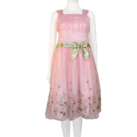 Pink Tulle Floral Embroidered Spring Easter Dress w Green Bow - Girls Size 14 - Picture 2 of 5